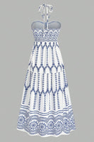Laden Sie das Bild in den Galerie-Viewer, Weiß Blau Geblümtes Neckholder A-Linie Sommerkleid