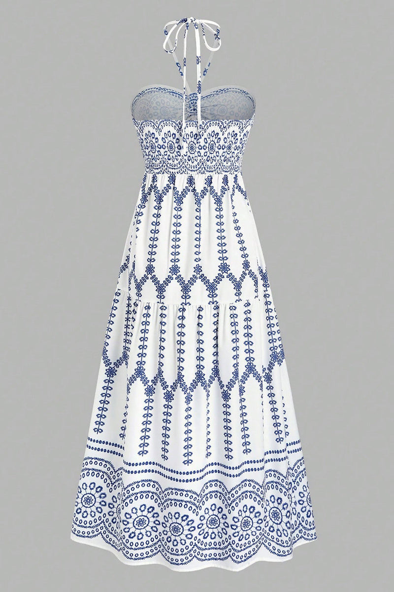 Laden Sie das Bild in den Galerie-Viewer, Weiß Blau Geblümtes Neckholder A-Linie Sommerkleid