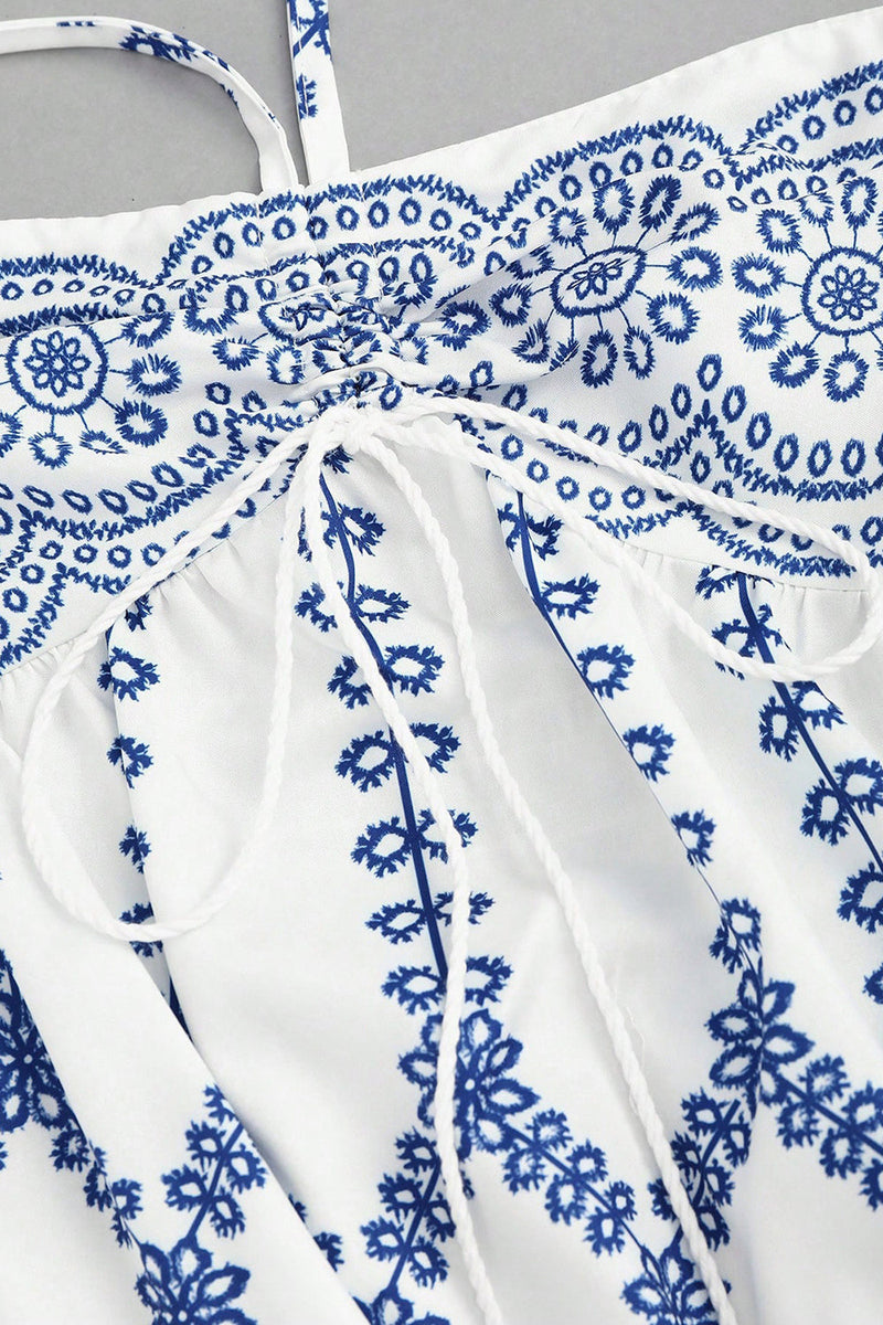 Laden Sie das Bild in den Galerie-Viewer, Weiß Blau Geblümtes Neckholder A-Linie Sommerkleid