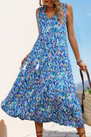 Laden Sie das Bild in den Galerie-Viewer, Blaues bedrucktes ärmelloses A-Linien-Sommerkleid