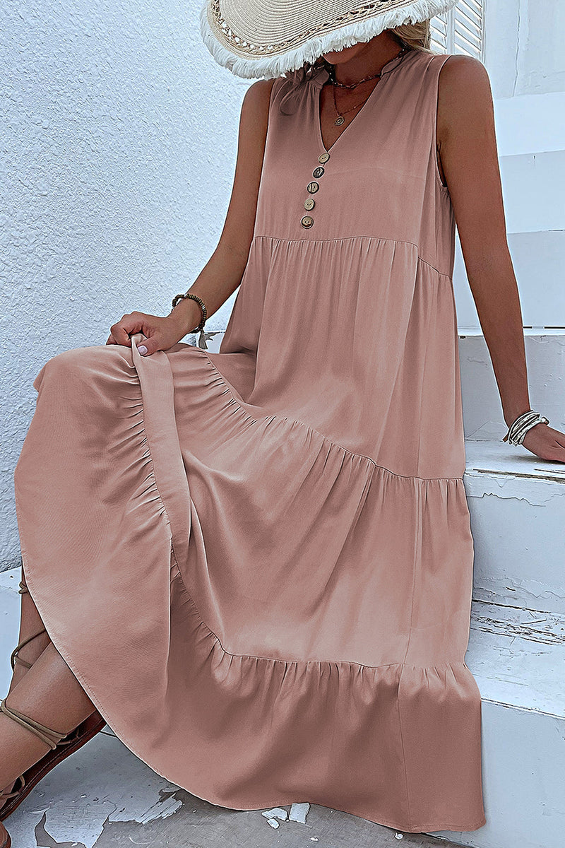 Laden Sie das Bild in den Galerie-Viewer, Schwarzes A-Linien-Sommerkleid mit V-Ausschnitt und Knöpfen