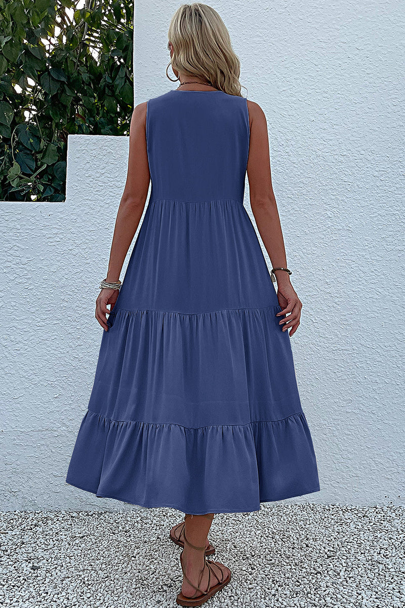 Laden Sie das Bild in den Galerie-Viewer, Schwarzes A-Linien-Sommerkleid mit V-Ausschnitt und Knöpfen