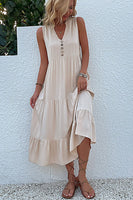 Laden Sie das Bild in den Galerie-Viewer, Schwarzes A-Linien-Sommerkleid mit V-Ausschnitt und Knöpfen