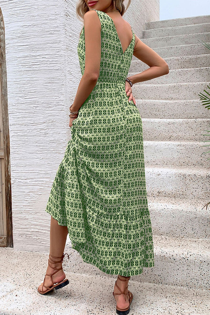Laden Sie das Bild in den Galerie-Viewer, Grünes Sommerkleid mit Blumenmuster und V-Ausschnitt in A-Linie