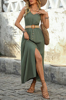 Laden Sie das Bild in den Galerie-Viewer, Armeegrünes A-Linien-Sommerkleid mit Gürtel