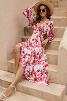 Laden Sie das Bild in den Galerie-Viewer, Rotes Geblümtes A-Linie Sommerkleid mit V-Ausschnitt und langen Ärmeln