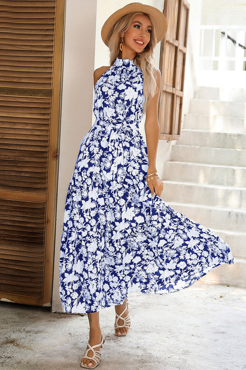 Laden Sie das Bild in den Galerie-Viewer, Schwarzes Geblümtes A-Linie Sommerkleid mit Gürtel