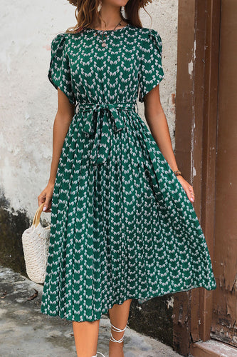 Bedrucktes Dunkelgrünes A-Linie Sommerkleid mit Gürtel