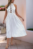 Laden Sie das Bild in den Galerie-Viewer, Weißes schwarzes Polka Dot Neckholder Sommerkleid mit Schleife