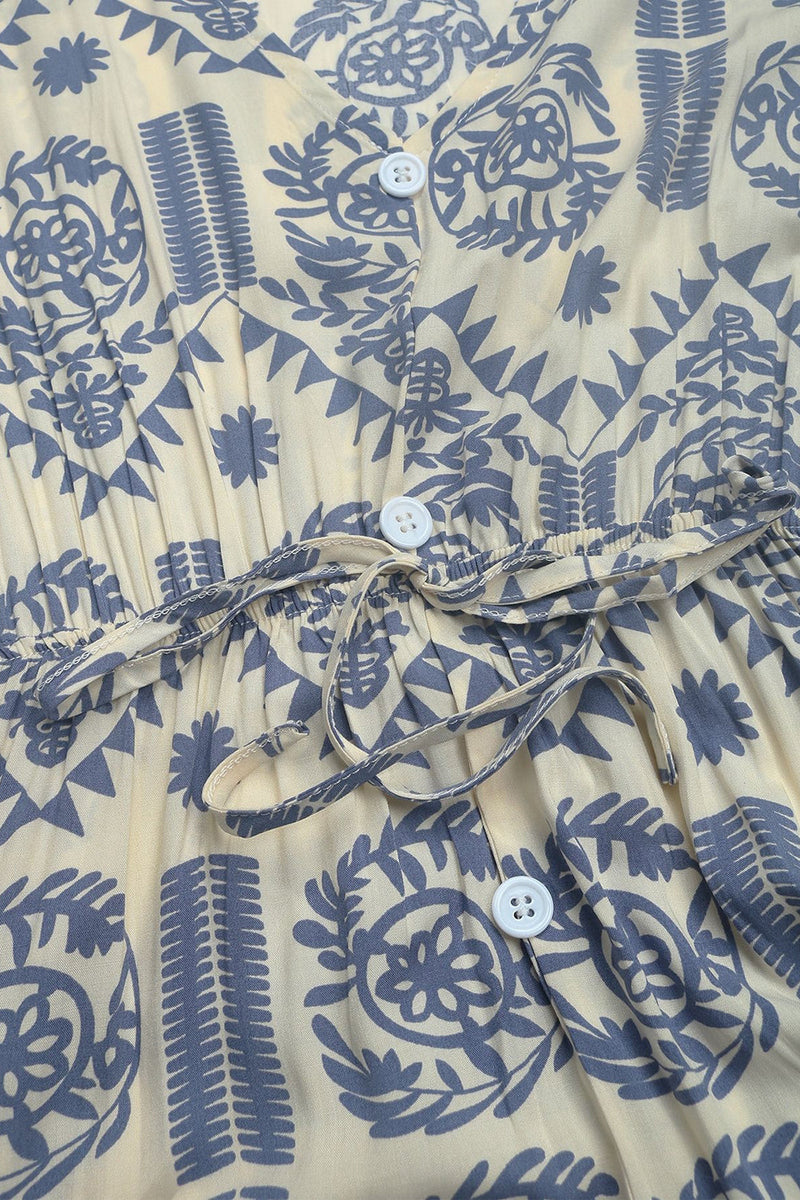 Laden Sie das Bild in den Galerie-Viewer, Blaues Midikleid mit A-Linien-Print