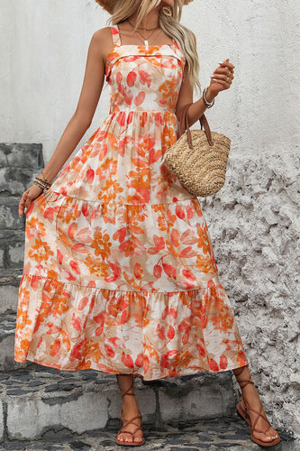 Orange bedrucktes Midi-Sommerkleid mit quadratischem Ausschnitt