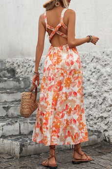 Orange bedrucktes Midi-Sommerkleid mit quadratischem Ausschnitt