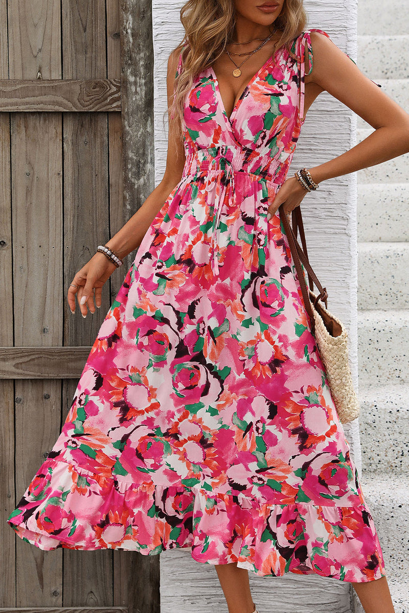 Laden Sie das Bild in den Galerie-Viewer, Fuchsiafarbenes Midi-Sommerkleid mit Blumenmuster und V-Ausschnitt