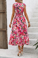 Laden Sie das Bild in den Galerie-Viewer, Fuchsiafarbenes Midi-Sommerkleid mit Blumenmuster und V-Ausschnitt