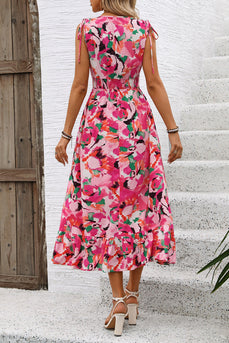 Fuchsiafarbenes Midi-Sommerkleid mit Blumenmuster und V-Ausschnitt