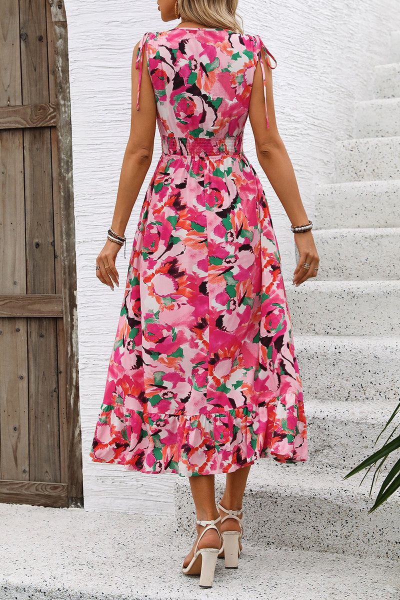 Laden Sie das Bild in den Galerie-Viewer, Fuchsiafarbenes Midi-Sommerkleid mit Blumenmuster und V-Ausschnitt