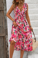 Laden Sie das Bild in den Galerie-Viewer, Fuchsiafarbenes Midi-Sommerkleid mit Blumenmuster und V-Ausschnitt