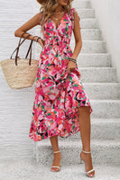 Laden Sie das Bild in den Galerie-Viewer, Fuchsiafarbenes Midi-Sommerkleid mit Blumenmuster und V-Ausschnitt