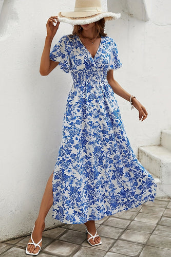 Blaues Sommerkleid mit A-Linien-Print und Schlitz
