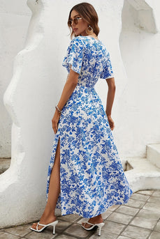 Blaues Sommerkleid mit A-Linien-Print und Schlitz