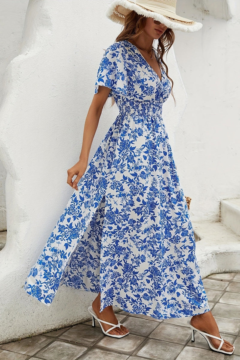 Laden Sie das Bild in den Galerie-Viewer, Blaues Sommerkleid mit A-Linien-Print und Schlitz