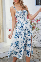 Laden Sie das Bild in den Galerie-Viewer, Grüne Spaghettiträger Bedrucktes Sommerkleid mit Schlitz