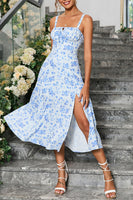 Laden Sie das Bild in den Galerie-Viewer, Grüne Spaghettiträger Bedrucktes Sommerkleid mit Schlitz