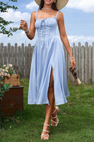 Laden Sie das Bild in den Galerie-Viewer, Blaues Sommerkleid mit A-Linien-Korsett und Schlitz