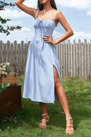 Laden Sie das Bild in den Galerie-Viewer, Blaues Sommerkleid mit A-Linien-Korsett und Schlitz
