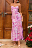 Laden Sie das Bild in den Galerie-Viewer, Fuchsiafarbenes langes Sommerkleid mit Blumenmuster in A-Linie