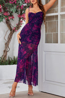 Laden Sie das Bild in den Galerie-Viewer, Fuchsiafarbenes langes Sommerkleid mit Blumenmuster in A-Linie