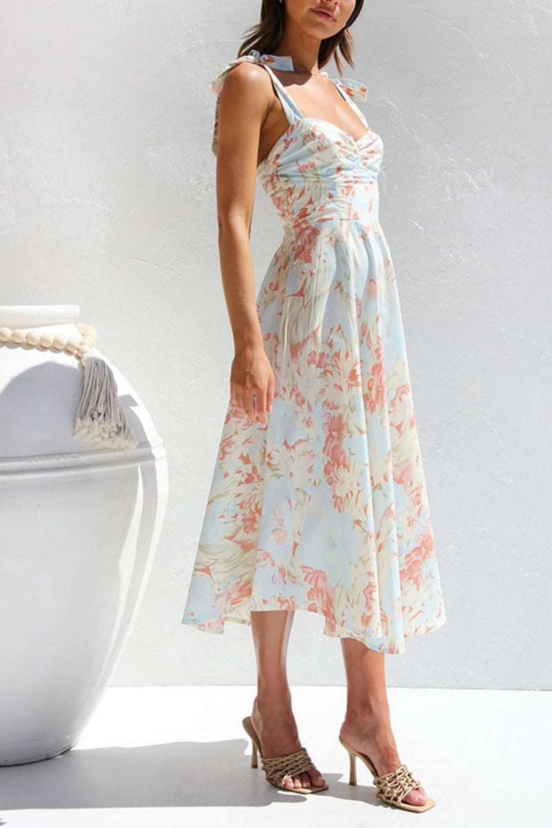 Laden Sie das Bild in den Galerie-Viewer, Gelb Blau Blume A Linie Langes Sommerkleid