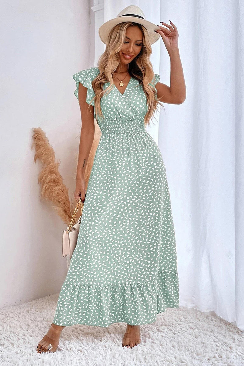 Laden Sie das Bild in den Galerie-Viewer, Kahki Polka Dot Sommerkleid mit Rüschenärmeln