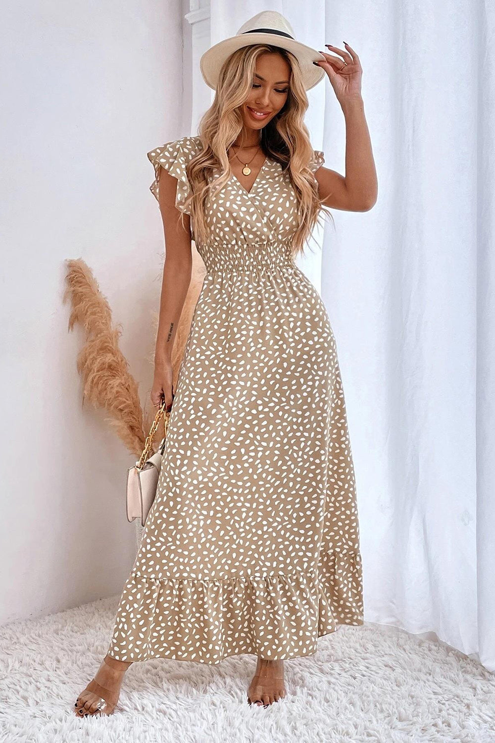 Kahki Polka Dot Sommerkleid mit Rüschenärmeln