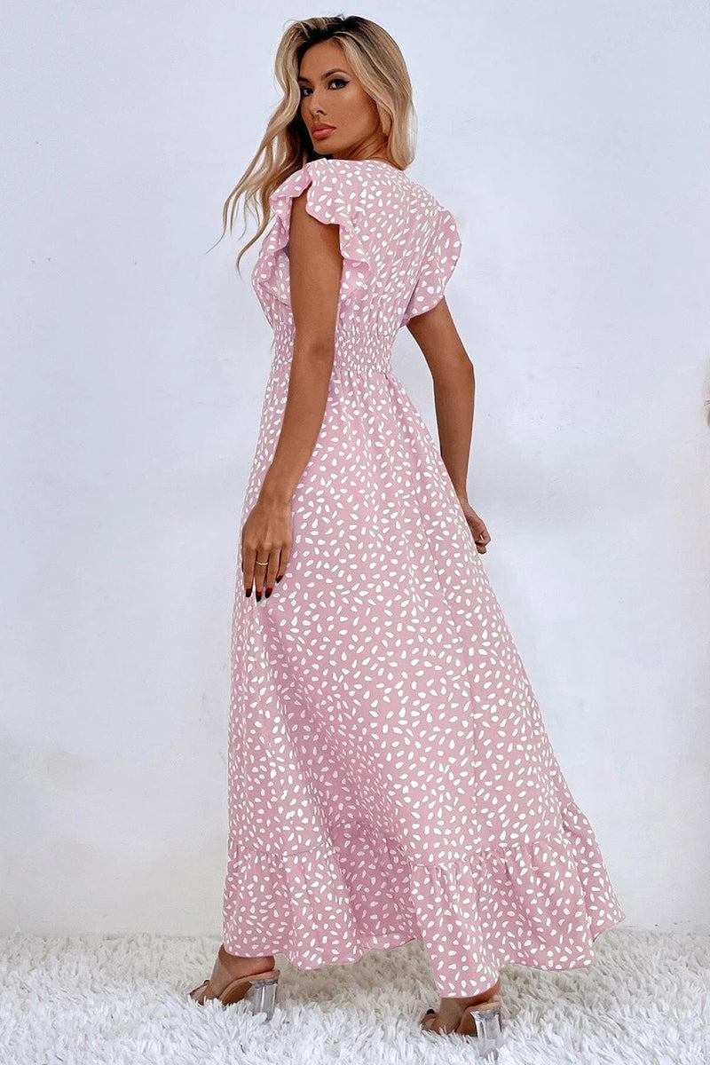 Laden Sie das Bild in den Galerie-Viewer, Kahki Polka Dot Sommerkleid mit Rüschenärmeln