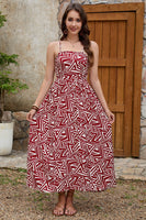 Laden Sie das Bild in den Galerie-Viewer, Dunkelrotes bedrucktes langes Sommerkleid