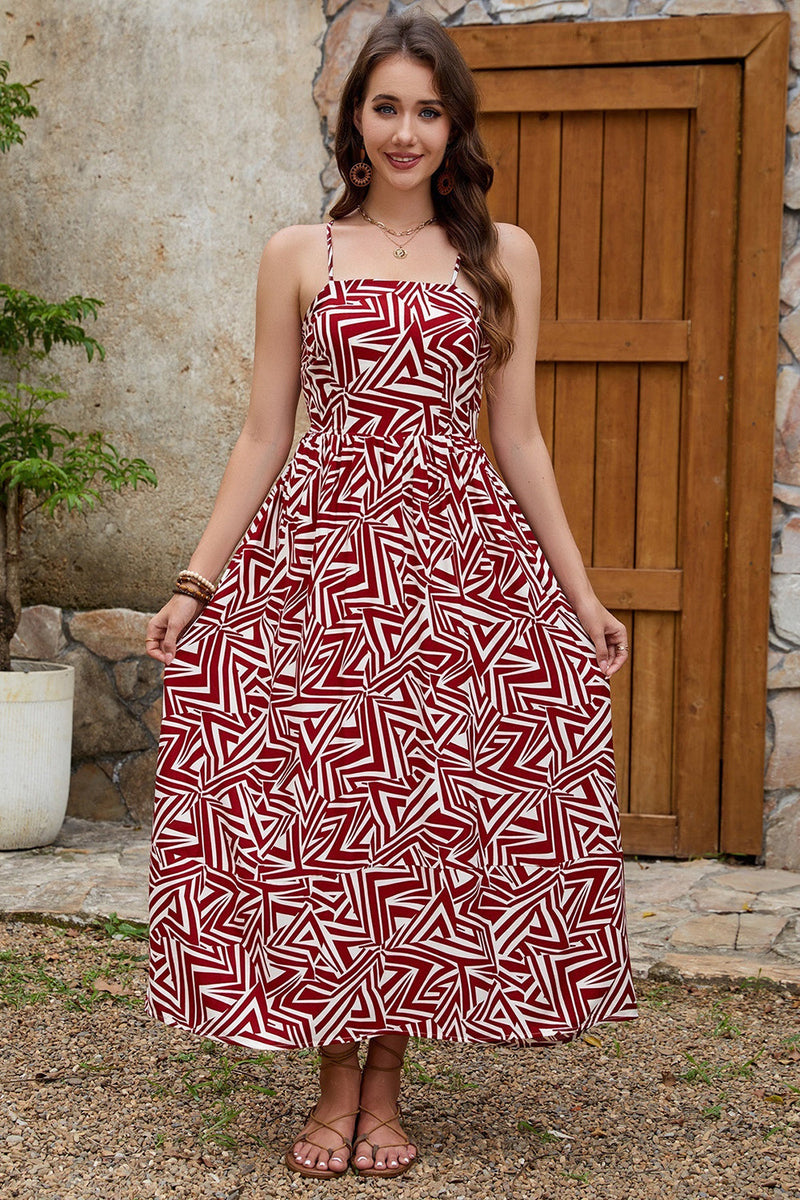 Laden Sie das Bild in den Galerie-Viewer, Dunkelrotes bedrucktes langes Sommerkleid