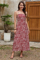 Laden Sie das Bild in den Galerie-Viewer, Dunkelrotes bedrucktes langes Sommerkleid