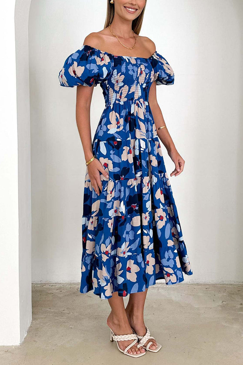 Laden Sie das Bild in den Galerie-Viewer, Schulterfreies Sommerkleid mit Puffärmeln