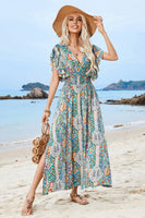 Laden Sie das Bild in den Galerie-Viewer, Grünes Sommerkleid mit Puffärmeln und Schlitz