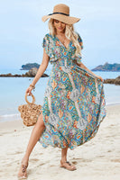 Laden Sie das Bild in den Galerie-Viewer, Grünes Sommerkleid mit Puffärmeln und Schlitz