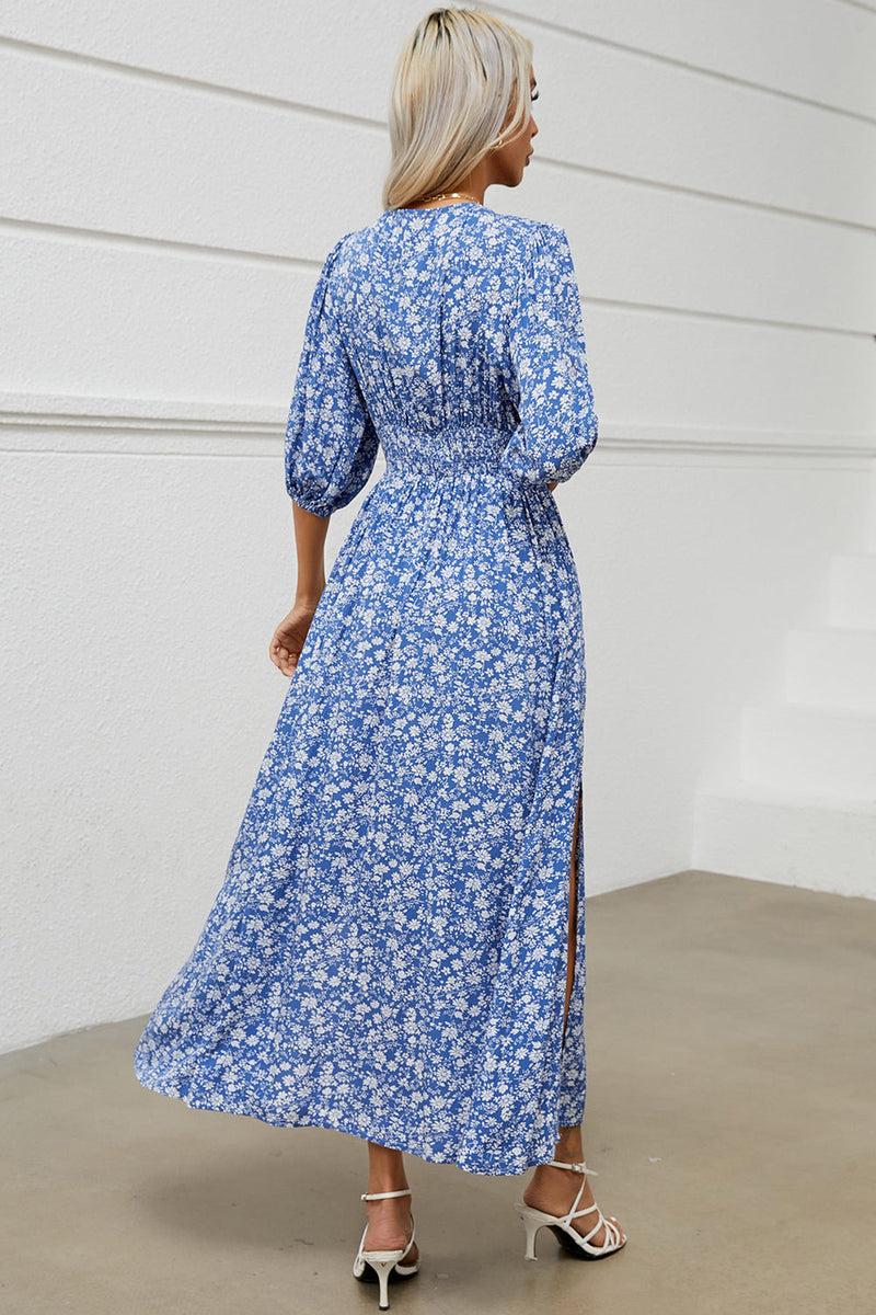 Laden Sie das Bild in den Galerie-Viewer, Blaues langes Sommerkleid mit Blumenmuster und V-Ausschnitt und Schlitz