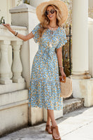 Laden Sie das Bild in den Galerie-Viewer, Blaues Langes Sommerkleid in A-Linie mit Blumenmuster