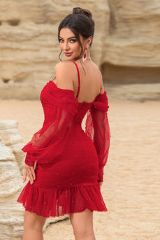 Korsett Schulterfreies Bodycon Rotes Cocktailkleid mit Perlenstickerei