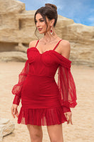 Laden Sie das Bild in den Galerie-Viewer, Korsett Schulterfreies Bodycon Rotes Cocktailkleid mit Perlenstickerei