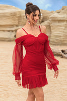 Laden Sie das Bild in den Galerie-Viewer, Korsett Schulterfreies Bodycon Rotes Cocktailkleid mit Perlenstickerei