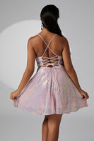 Laden Sie das Bild in den Galerie-Viewer, Lila Glitzerndes Spaghettiträger Pailletten Kurzes Cocktailkleid