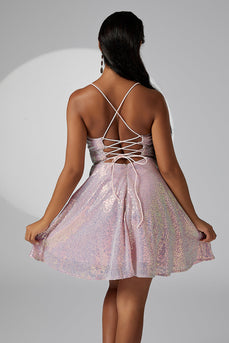 Lila Glitzerndes Spaghettiträger Pailletten Kurzes Cocktailkleid