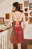 Laden Sie das Bild in den Galerie-Viewer, Lila Glitzerndes Spaghettiträger Pailletten Kurzes Cocktailkleid