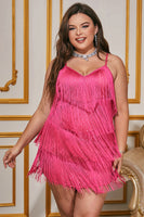Laden Sie das Bild in den Galerie-Viewer, Hot Pink Glitzernde Spaghettiträger Kurzes Plus-Size Cocktailkleid mit Fransen